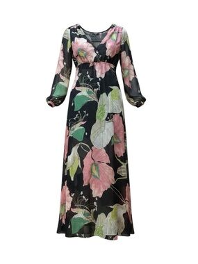 Aakaa Black Maxi Dress with Pink & Green Floral Print